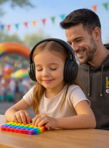Niña con auriculares y juguete colorido.