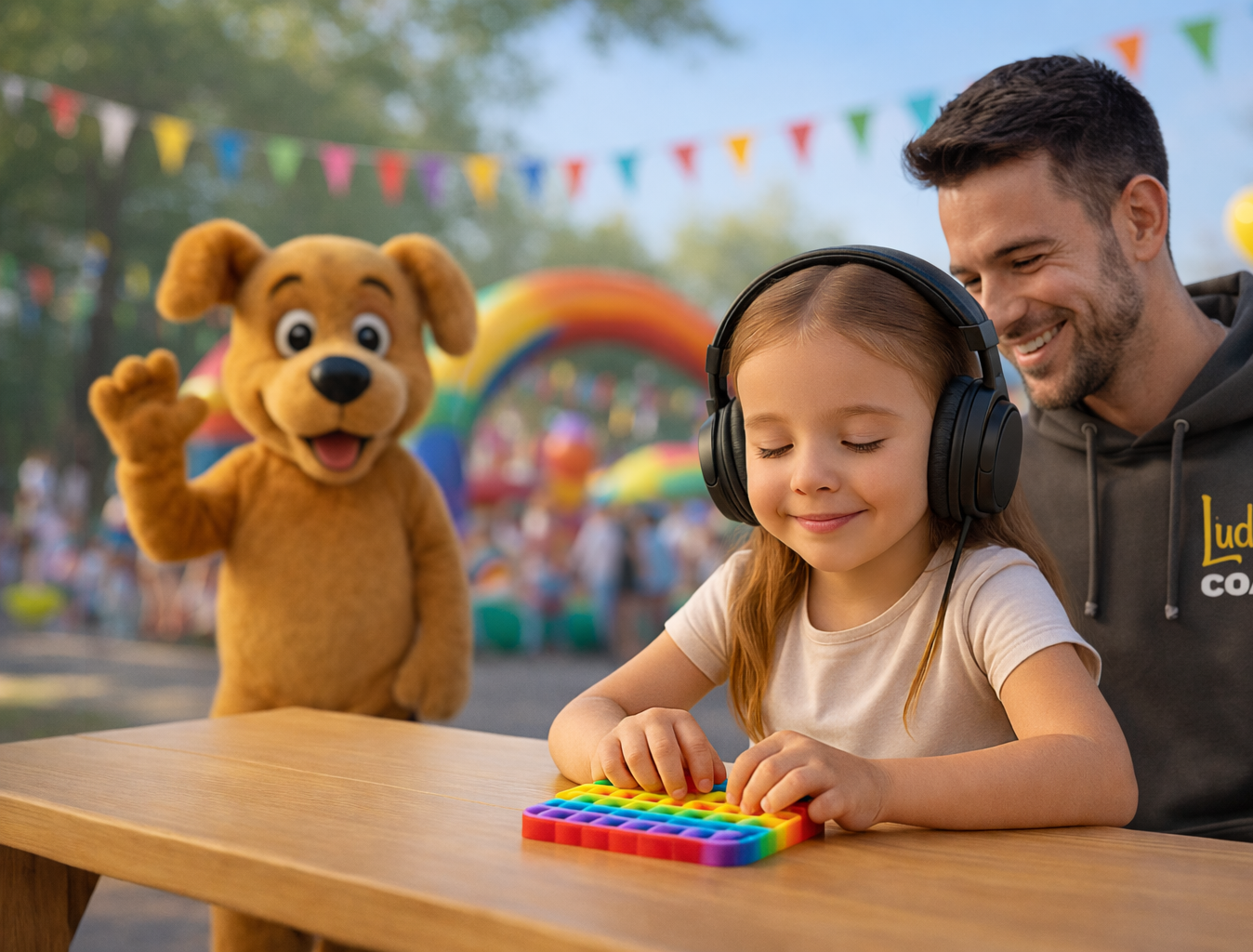 Niña jugando con un juguete colorido.