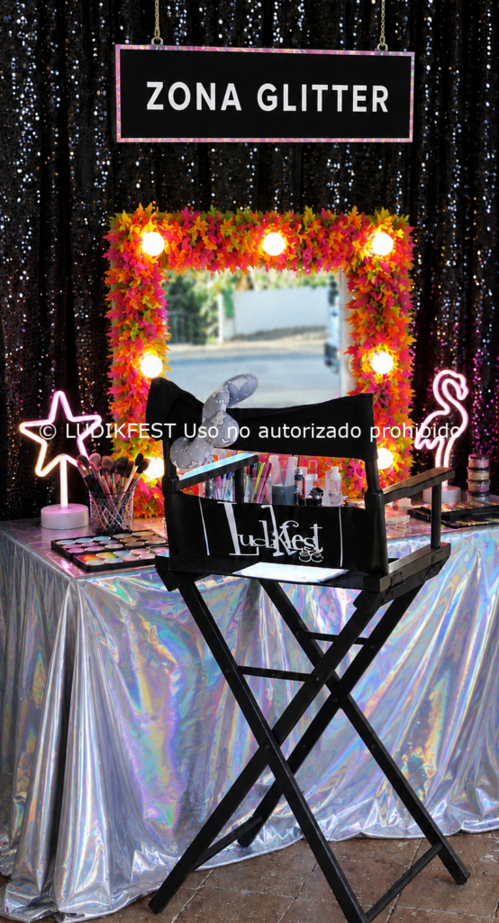 Zona glitter profesional de LUDIKFEST con productos cosméticos homologados