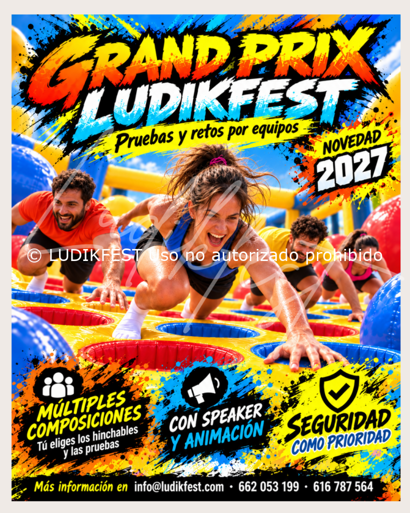 Cartel Grand Prix LUDIKFEST 2027: pruebas y retos por equipos, elección de hinchables, speaker y animación, con la seguridad como prioridad.