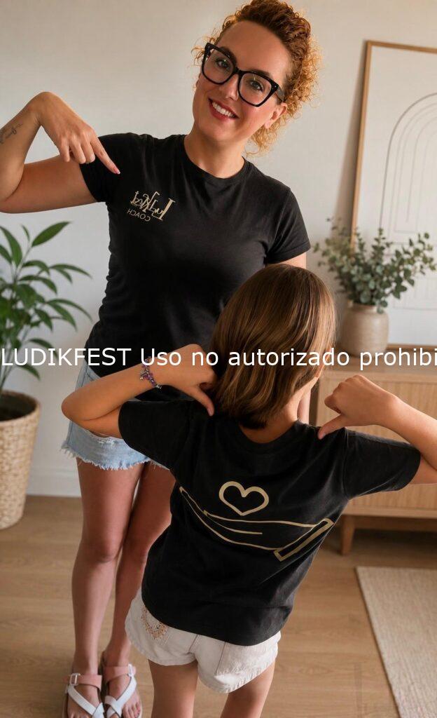 Jasmina junto a una niña mostrando la camiseta de LUDIKFEST durante una actividad infantil.